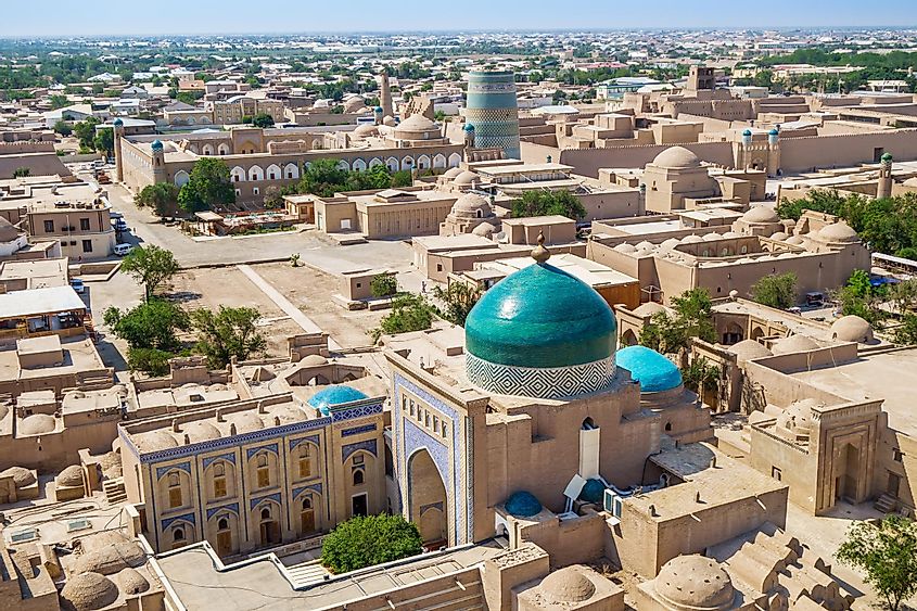 Panorama of historical center of Khiva (Uzbekistan) - Ichan-Kala (inner city).