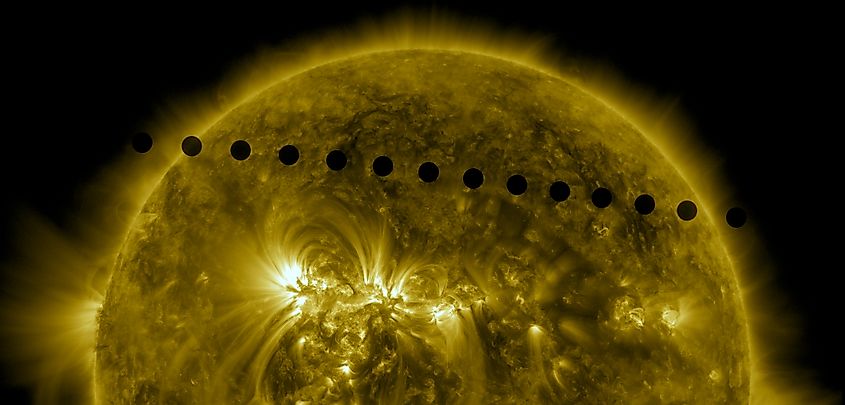 This image shows a sequence of photographs by NASA's SDO spacecraft, taken in the extreme ultraviolet spectrum (171 Angstroms), and stitched together to show Venus's path across the face of the Sun.