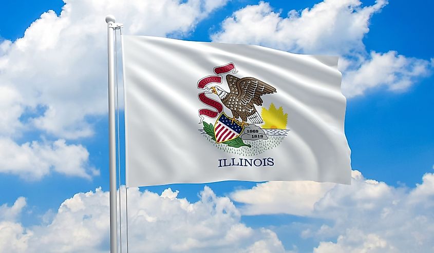Illinois flag waving in the wind on clouds sky.
