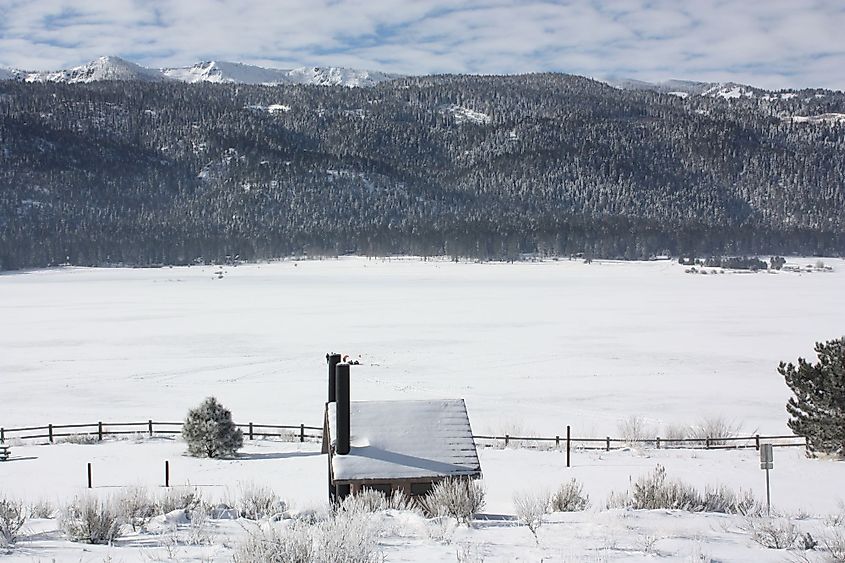 A frozen Lake Cascade covered with snow in winter