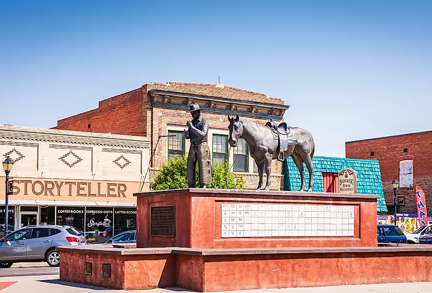 The bronze Soil to Riches statue by Carl Jensen on Broadway in Thermopolis Wyoming.