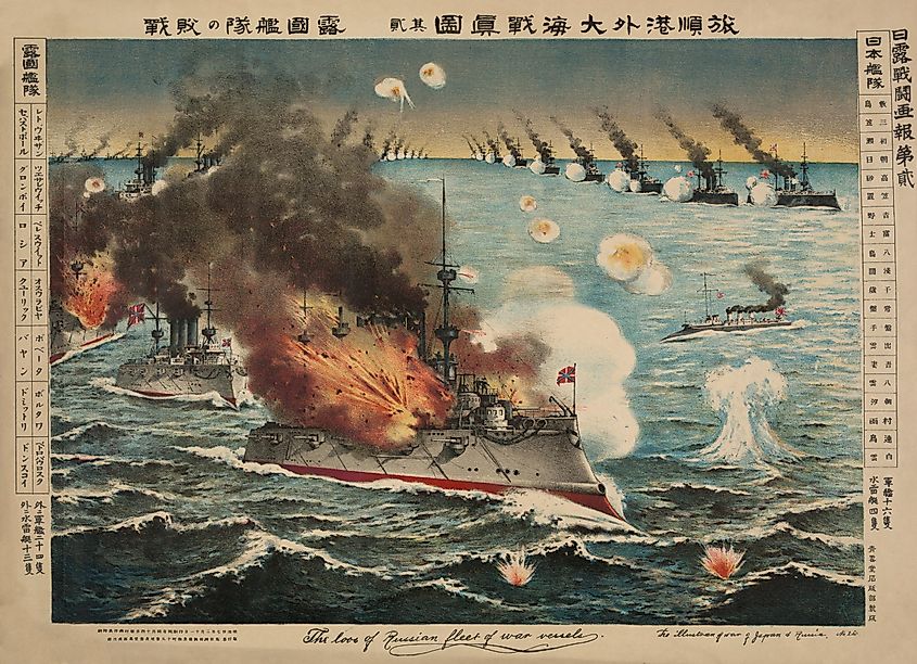 A Russian battleship exploding under bombardment from Japanese battleships