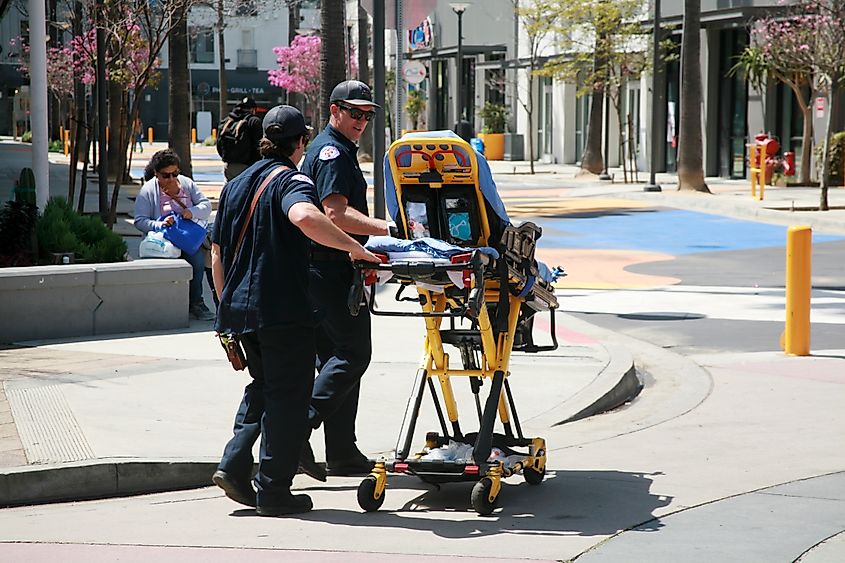 Long Beach California Ambulance Arrives at a Medical Emergency to help as needed.