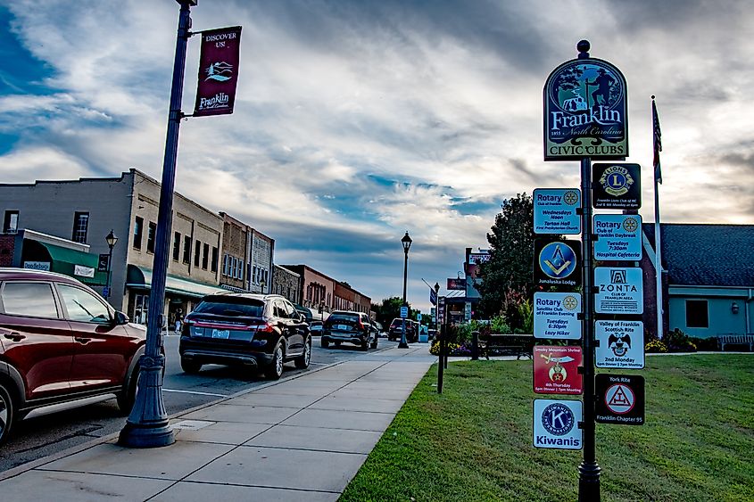 Franklin signs and banner in downtown at sundown.