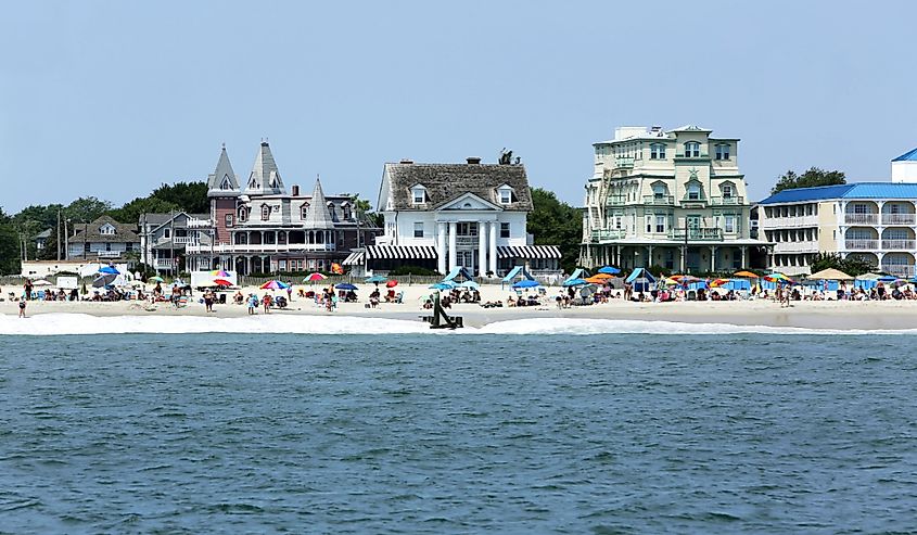 Beach goers enjoy a beautiful day in Cape May, New Jersey.