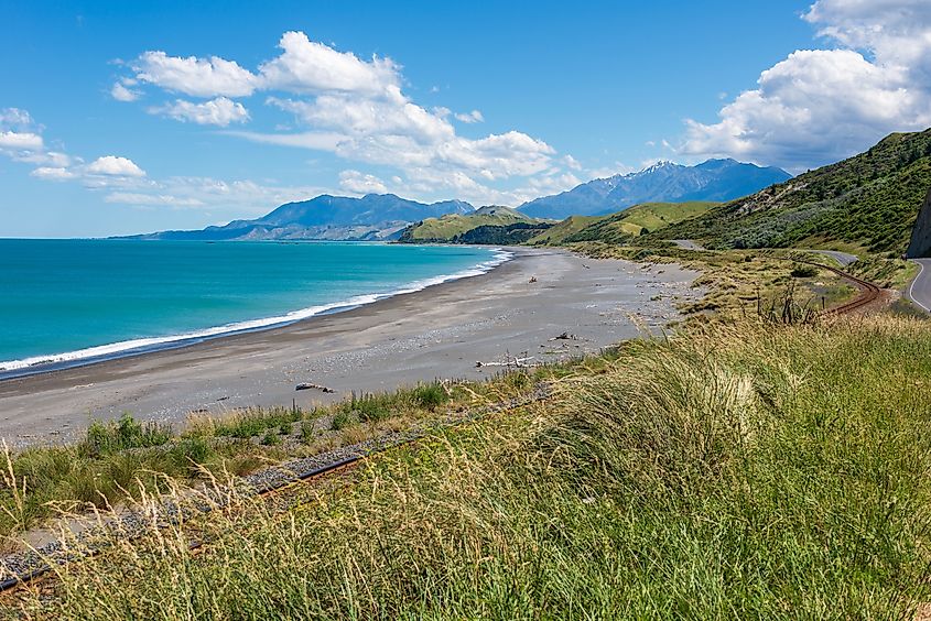 A beautiful view of the coastline with mountains in the background in Blenheim, New Zealand.