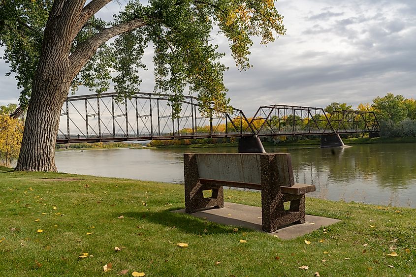 A historic bridge over the Missouri River in Fort Benton, Montana.