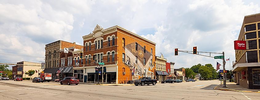 The business district on Main Street in Bluffton, Indiana, USA.