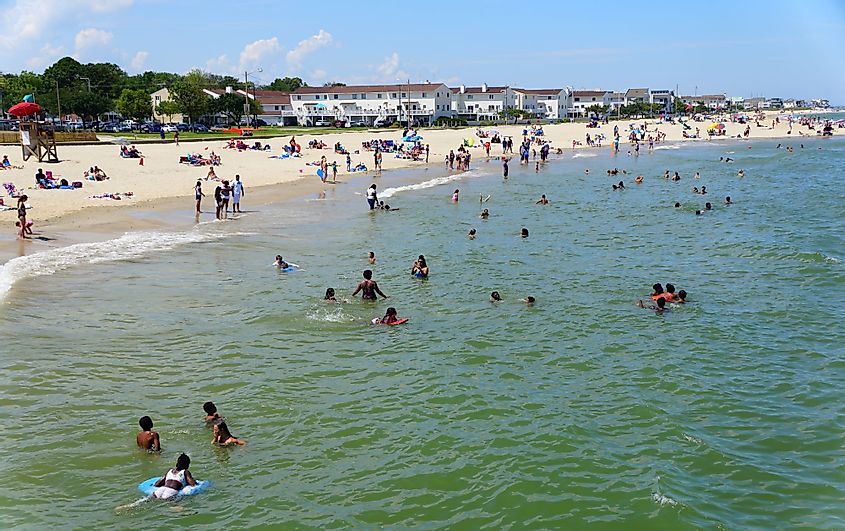 Crowds on the Buckroe Beach during a hot summer day in Hampton, Virginia