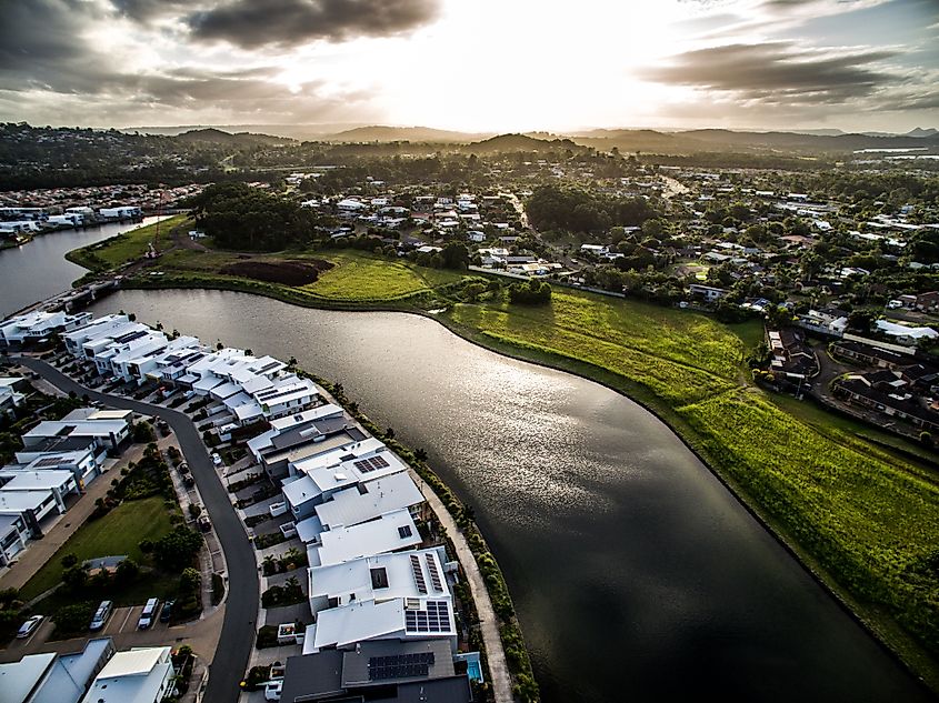 Aerial image looking towards the sunset over Buderim from Maroochydore on the Sunshine Coast.