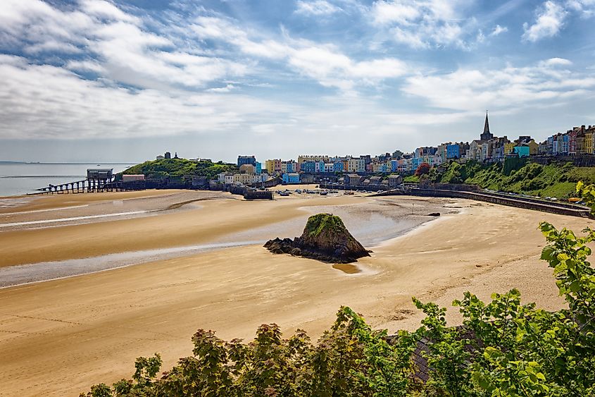 Low tide at Tenby Beach and Harbour Wales UK.