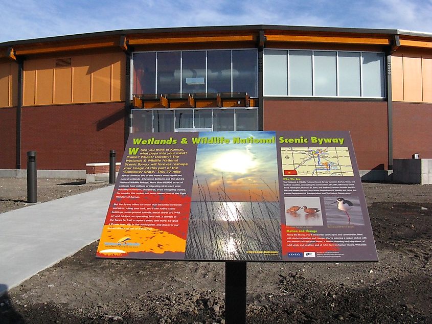 Wetlands and Wildlife Scenic Byway sign in front of the Kansas Wetlands Education Center