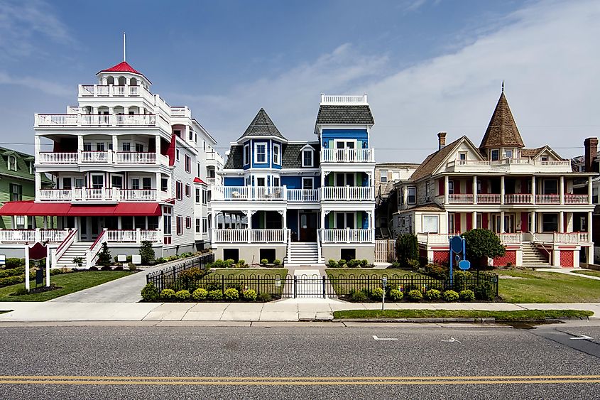 Vibrant Victorian houses along a road in Cape May, New Jersey.