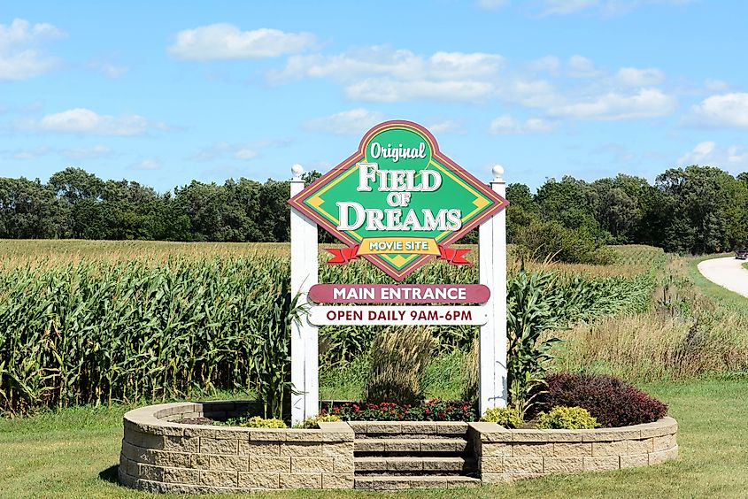 Field of Dreams movie site sign in Dyersville, Iowa. Image credit Steve Cukrov via Shutterstock.com