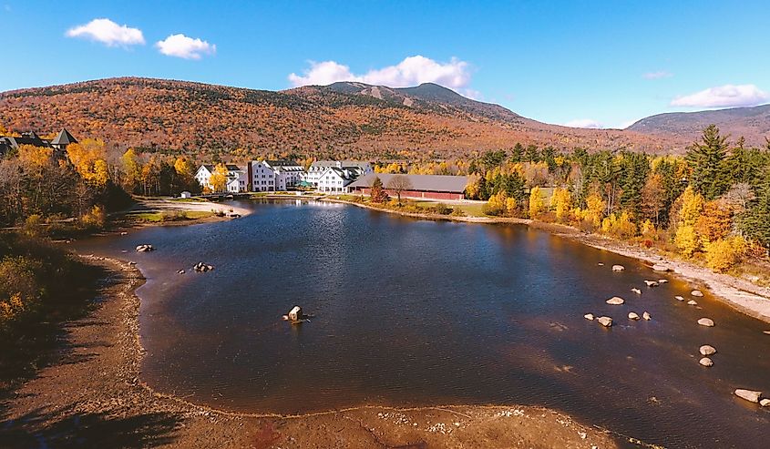 Aerial Cochran Pond, Waterville Valley, Autumn in New Hampshire