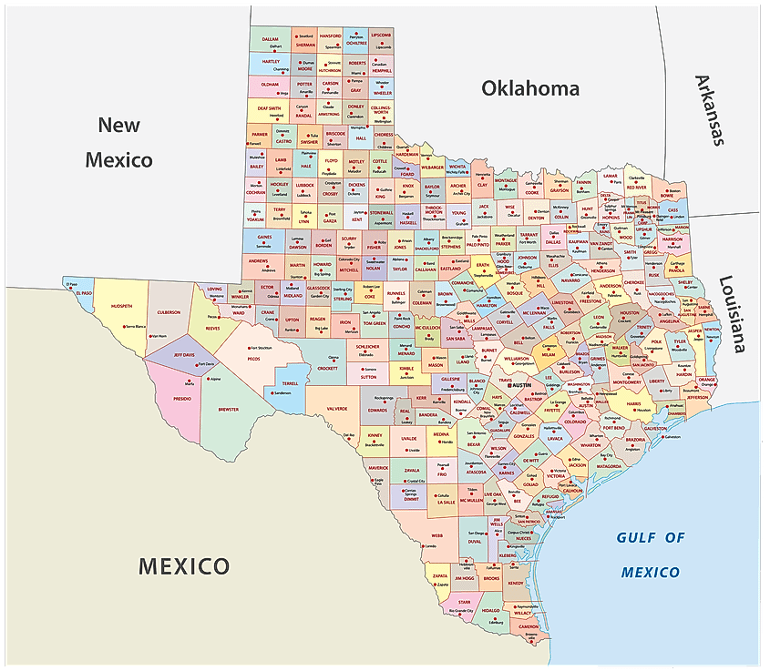Map showing the 254 counties of Texas