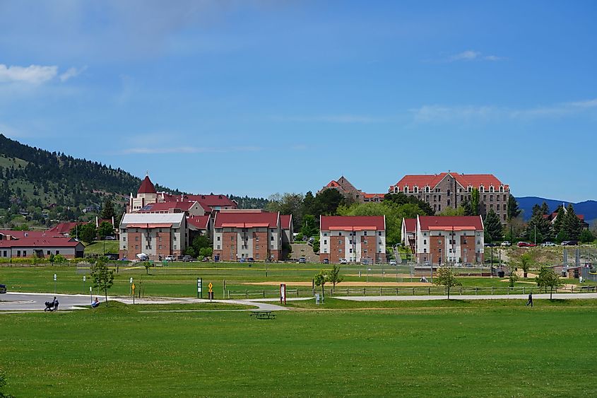 The Carroll College campus viewed from the northeast, with Mount Helena in the left background