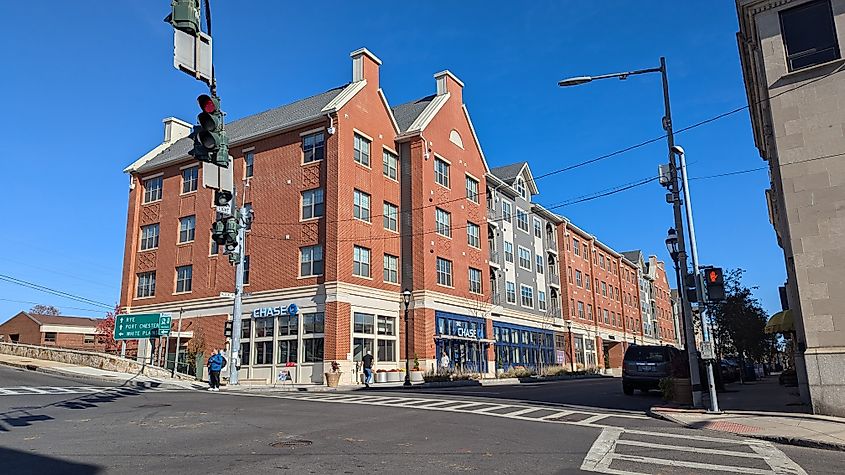 Streetscape of Halstead Avenue in downtown Harrison, New York.