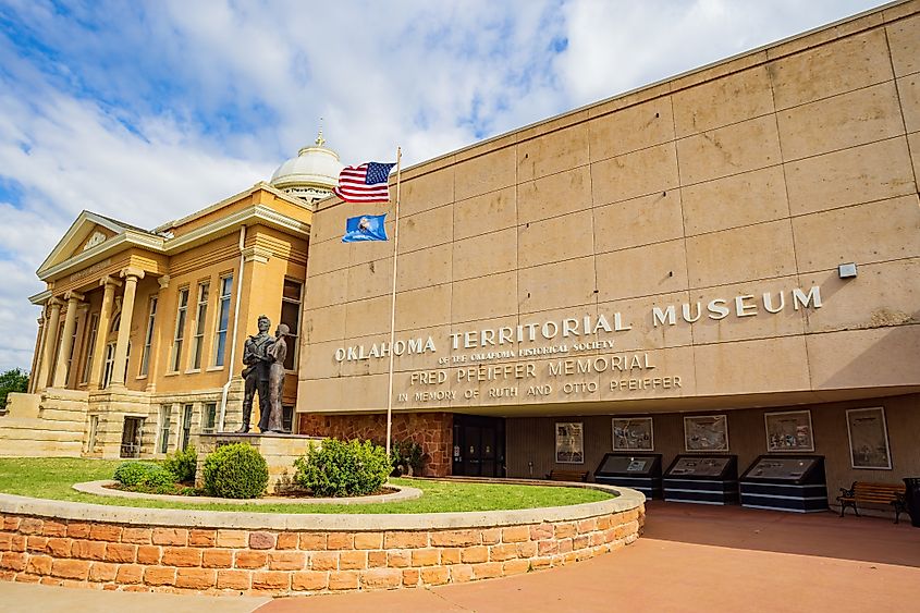 Oklahoma, APR 27 2022 - Overcast view of The Carnegie Library and Oklahoma Territorial Museum