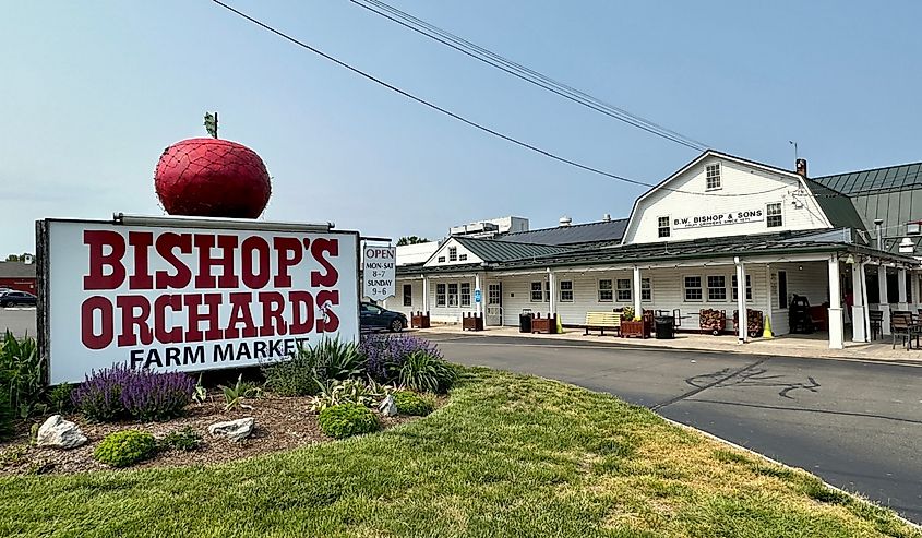 View of signs and white barn for Bishop's Orchards market.