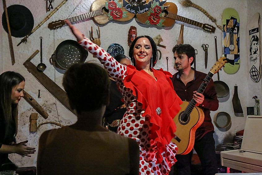 Authentic flamenco show of young gypsy dancer in red dress in a wine cellar