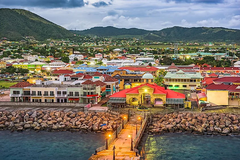 Basseterre, St. Kitts and Nevis town skyline at the port.