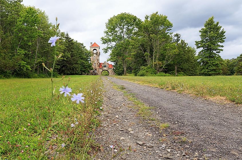 Arched gate and watchtower at Mohonk Testimonial Gateway in New Paltz, New York.