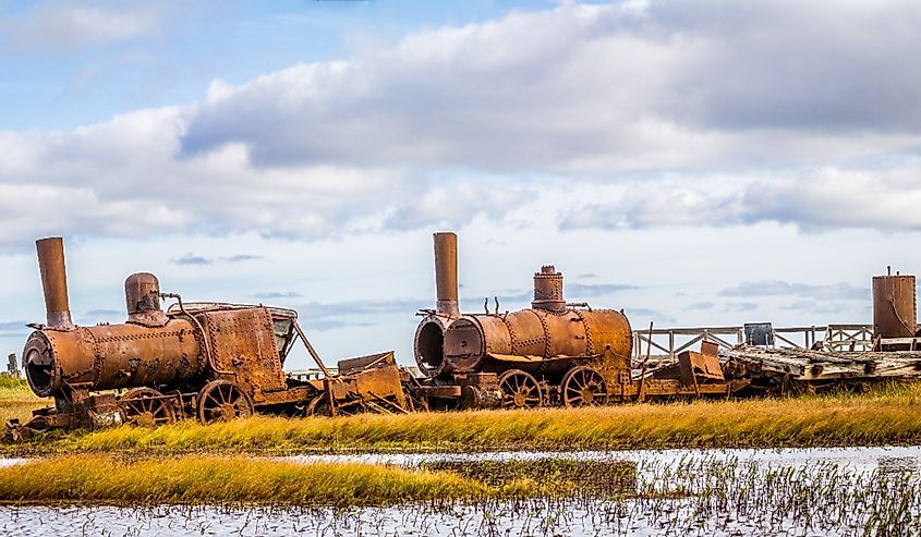 The Train to Nowhere. This abandon, broken down train sits just outside the town of Nome, Alaska.