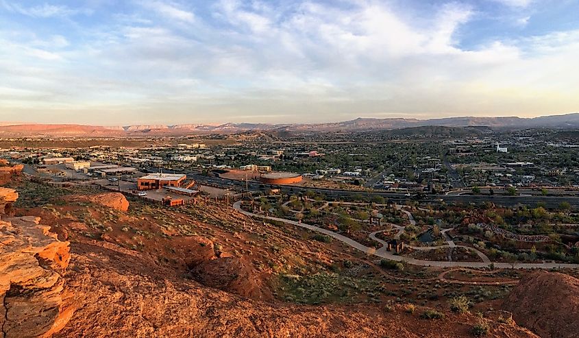 Desert and city panoramic views from hiking trails around St. George Utah around Beck Hill, Chuckwalla, Turtle Wall, Paradise Rim, and Halfway Wash trails in Western USA