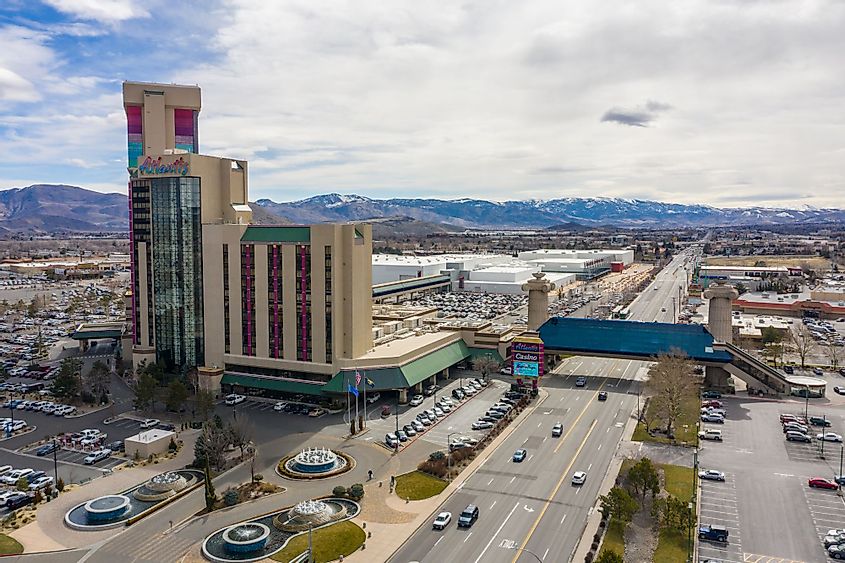 Aerial view of hotels and casino resorts in downtown Reno, Nevada