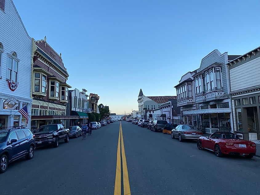 A quiet and shady morning on Ferndale, California's Victorian Main Street.