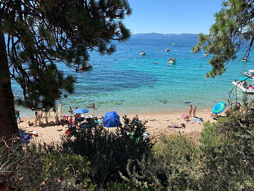 Incline Village, Nevada (USA) - 8/31/2019. A new bike trail and walking path called "Tahoe East Shore Trail" opened this summer giving people access to Sand Harbor, Secret Cove, and Hidden Beach.