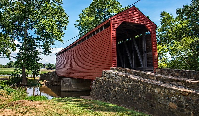 A red covered bridge, Loys Station Covered Bridge in Thurmont Maryland