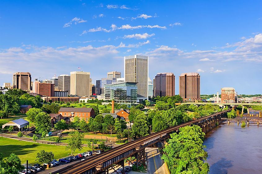 Richmond, Virginia, downtown skyline on the James River. 