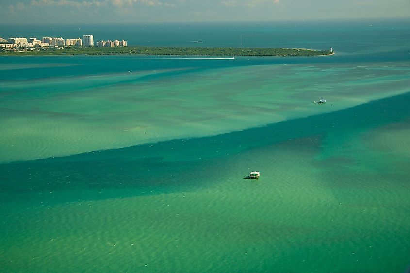 Aerial view of a stilt house in Atlantic Ocean, Stiltsville, Safety Valve, Biscayne Bay, Miami
