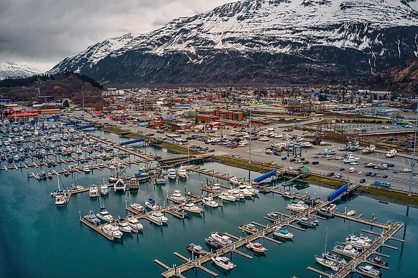 Aerial view of Valdez, Alaska, in spring.