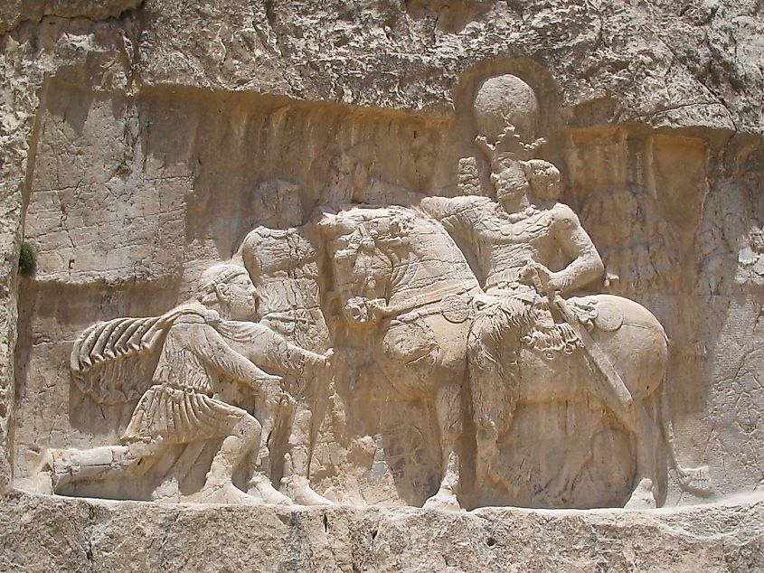 A bas relief sculpture at Naqsh-e Rostam, Iran, depicting the triumph of Shapur I over the Roman Emperor Valerian.