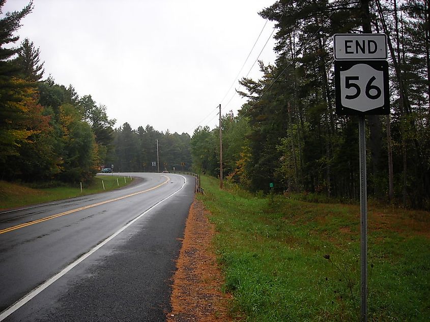 New York State Route 56 southbound approaching NY 3 in Sevey Corners