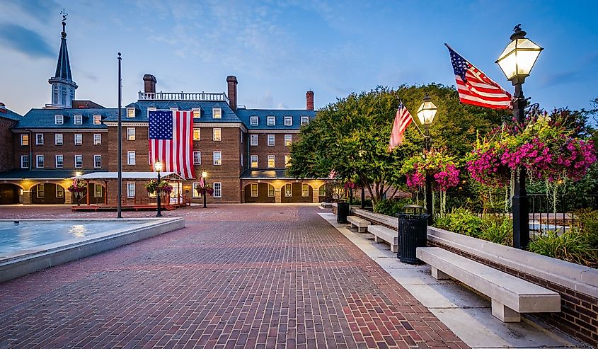 Fountains and City Hall, at Market Square, in Old Town, Alexandria, Virginia.