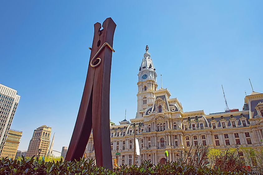 The clothespin statue outside the city hall building in Philadelphia, Pennsylvania.