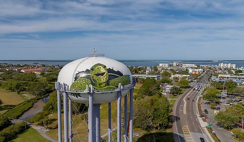 Aerial view of painted turtles adorning the iconic Dunedin water tower,