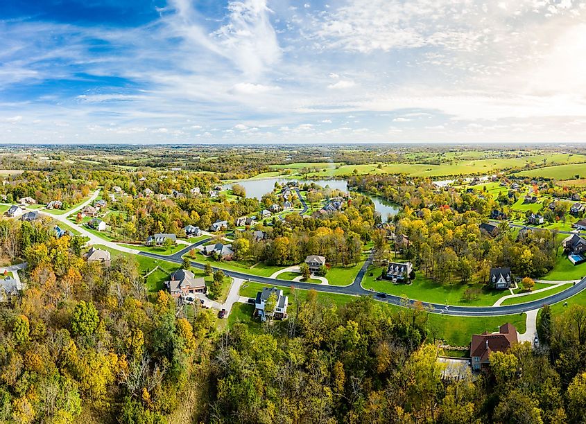 Aerial view of a residential neighborhood by the lake near Georgetown, Kentucky