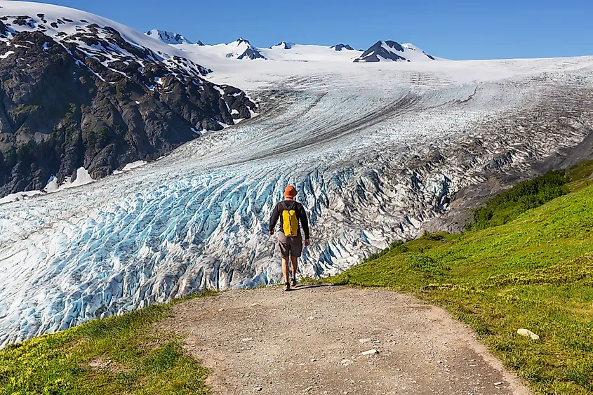 Hiker in Exit Glacier, Kenai Fjords National Park, Seward, Alaska.