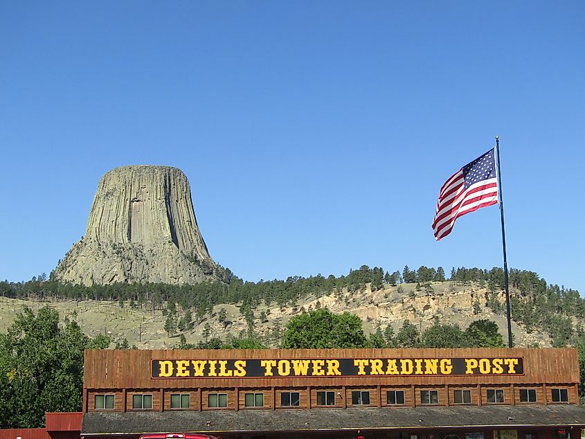 Devils Tower, iconic geological formation in Sundance, Wyoming, USA.