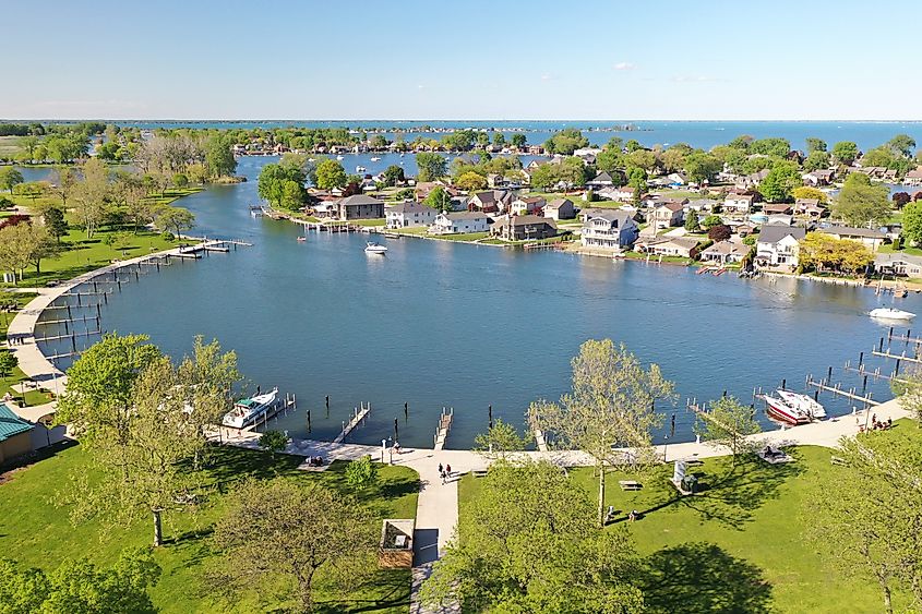 Boat dock at Metro park in Harrison Township, Michigan, in the late spring time.
