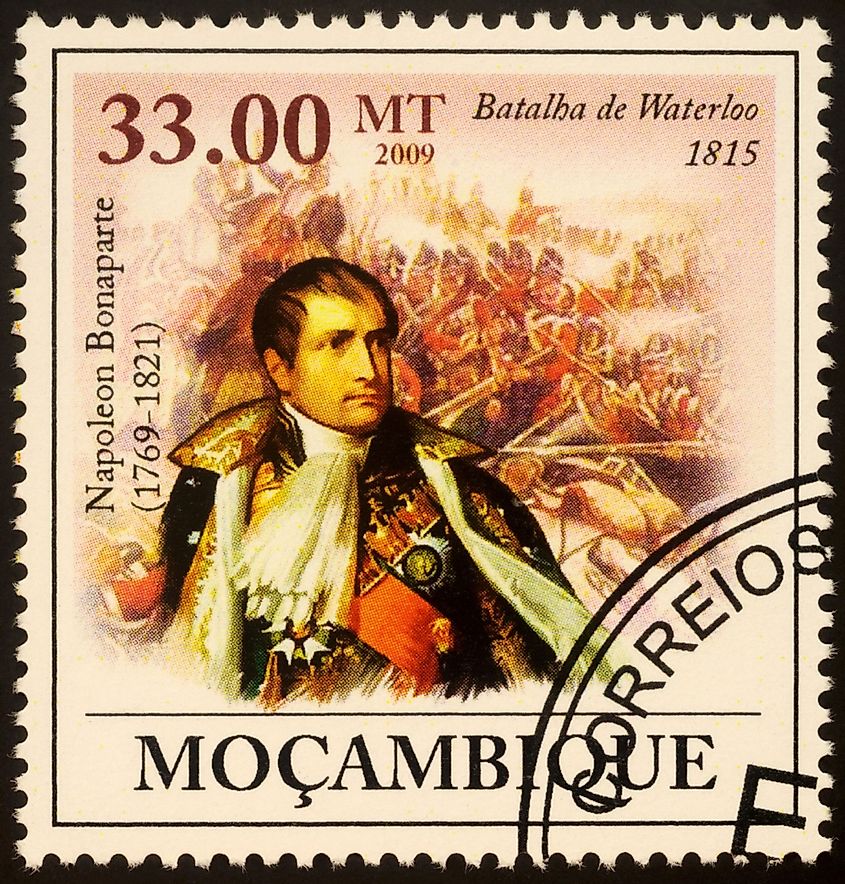 A stamp printed in Mozambique shows portrait of Napoleon Bonaparte and Battle of Waterloo