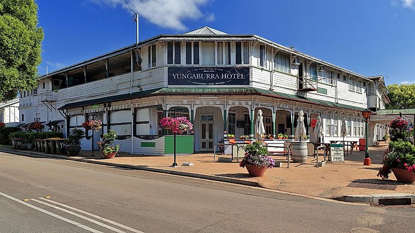 The AD 1910, timber-built Yungaburra Hotel is a fine example of the Federation architectural style that was prevalent from around 1890 to 1915. Queensland.