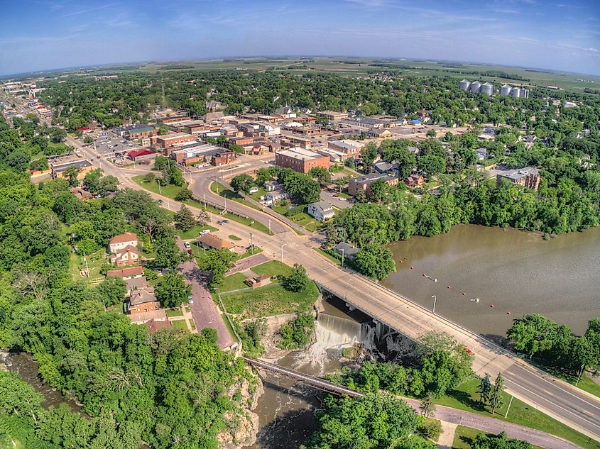 Aerial view of Redwood Falls, a small town in rural southwest Minnesota