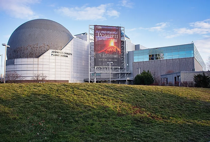 Exterior of the Liberty Science Center, home of the largest planetarium screen in the United States.