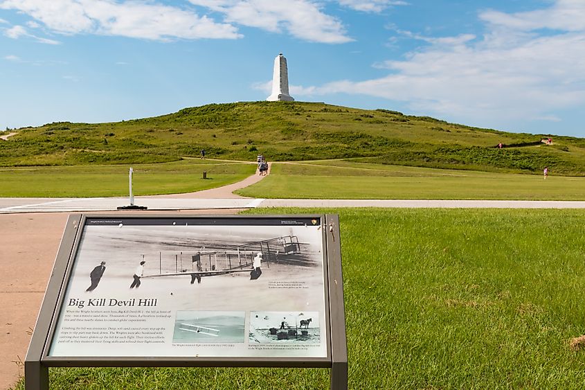 Sign display for Big Kill Devil Hill with a granite memorial on top to commemorate the Wright Brothers at the Wright Brothers National Memorial.
